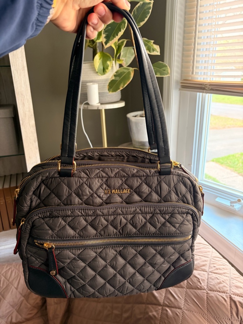MZ Wallace Quilted Shoulder Bag in Taupe with Black Handles